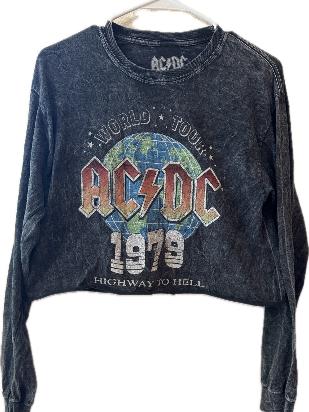 AC/DC Black Vintage-Wash Cropped Crewneck with Multicolor Band Graphic